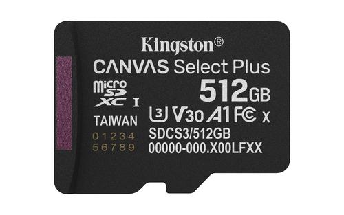 Kingston Technology 512 GB microSDXC Canvas Select Plus Gen3 150 MB/s A1-kort + adapter