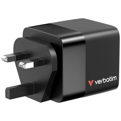 Verbatim GaN Charger 65W 2 Port retractable cable display US plugs with EU and UK adaptors