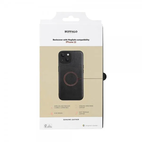 Buffalo iPhone 15 Cover Ægte læder MagSeries Sort
