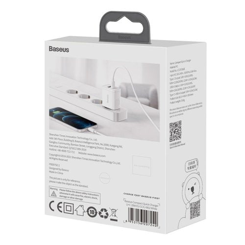 Baseus Kompakt hurtigoplader USB / USB Type C 20W 3A Strømforsyning Quick Charge 3.0 hvid (CCXJ-B02)