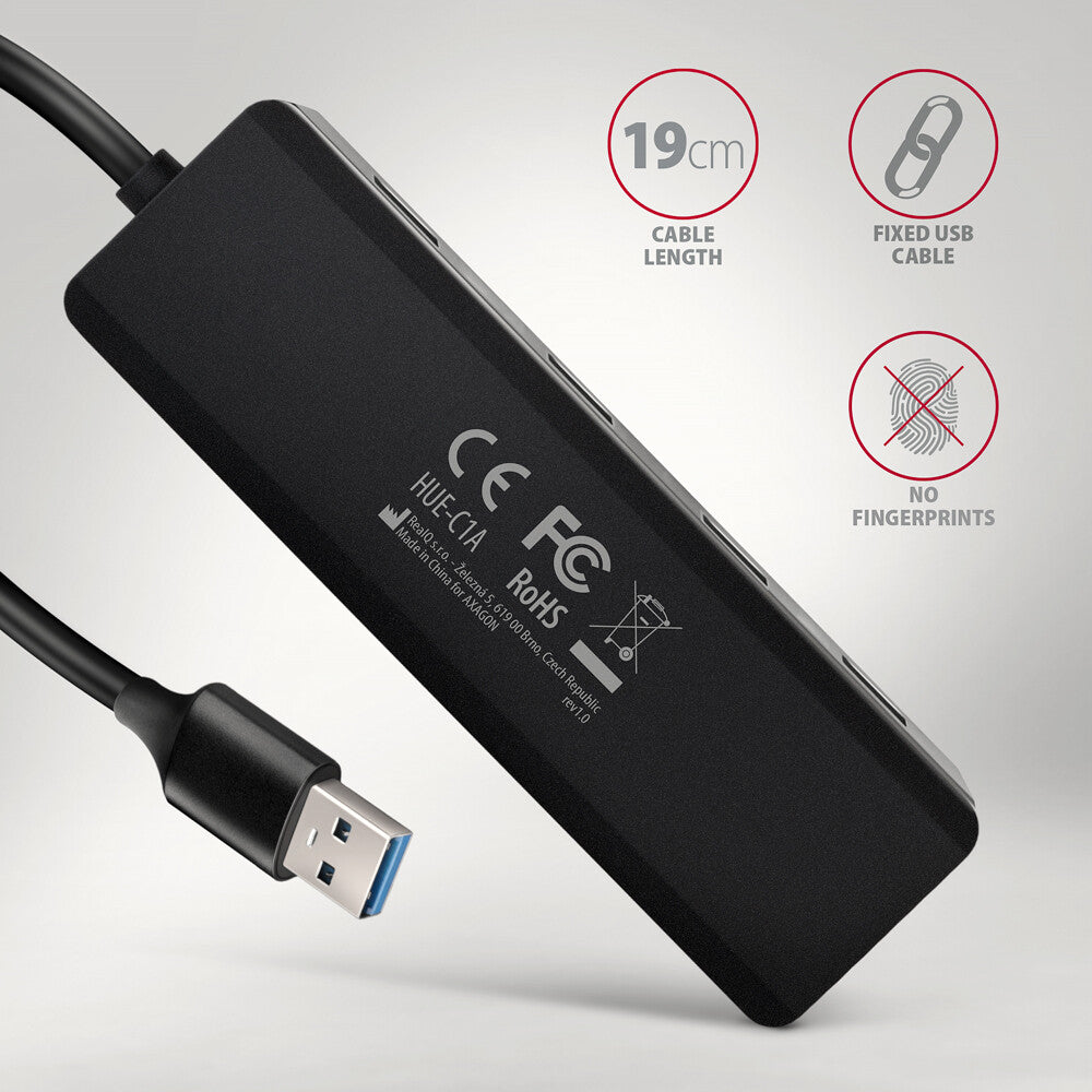 Axagon HUE-C1A interface hub USB 3.2 Gen 1 (3.1 Gen 1) Type-A 5000 Mbit/s Sort