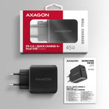 Axagon ACU-PQ45 QC 3.0, 4.0/AFC/FCP/PPS/PD, 45W, schwarz - Netzladegerät mit USB-A und USB-C Schnittstelle Mobiltelefon, Smartphone, SmartWatch, Tablet, Universel Sort Vekselstrøm Hurtig opladning Indendørs