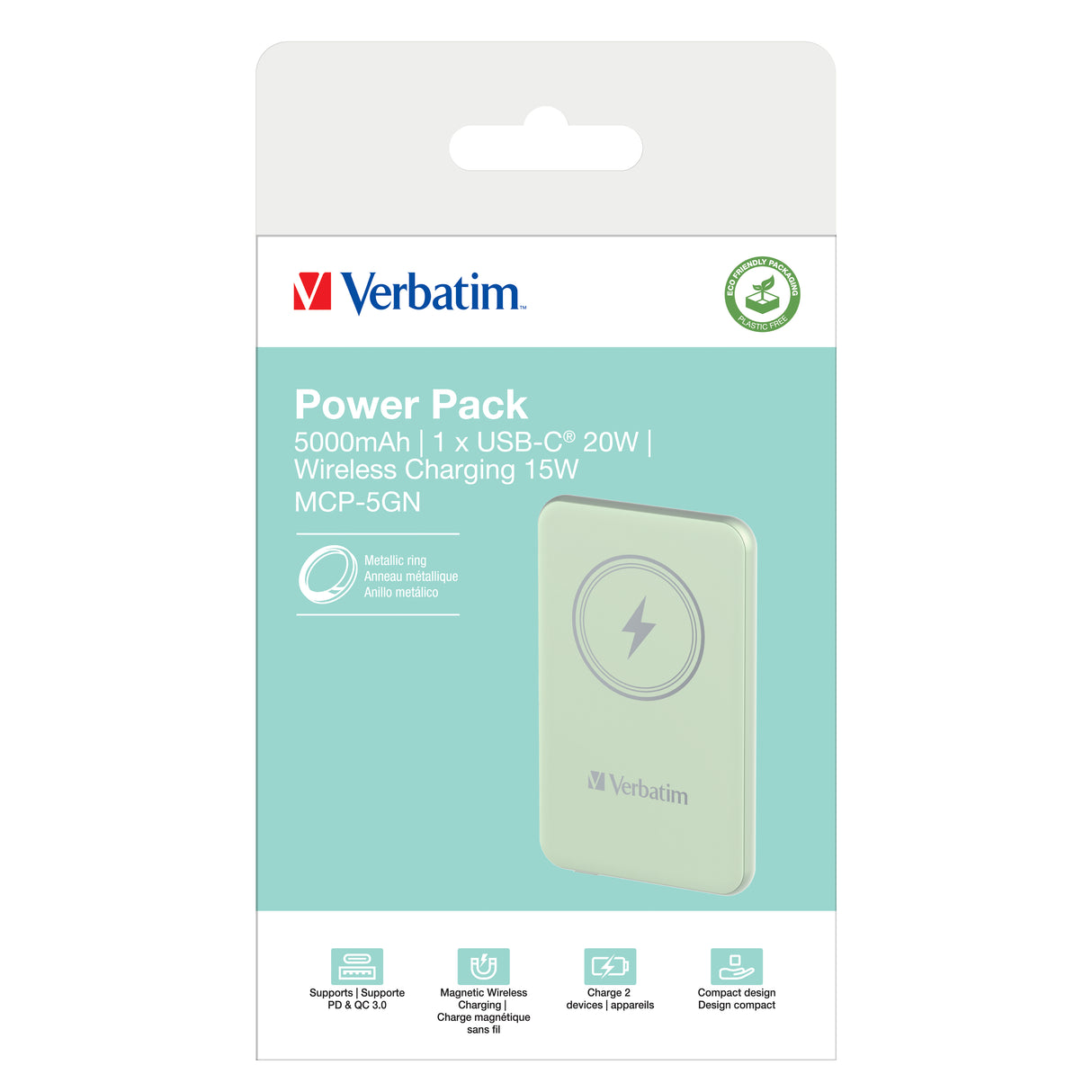 Verbatim Charge 'n' Go Lithium polymer (LiPo) 5000 mAh Trådløs opladning Grøn