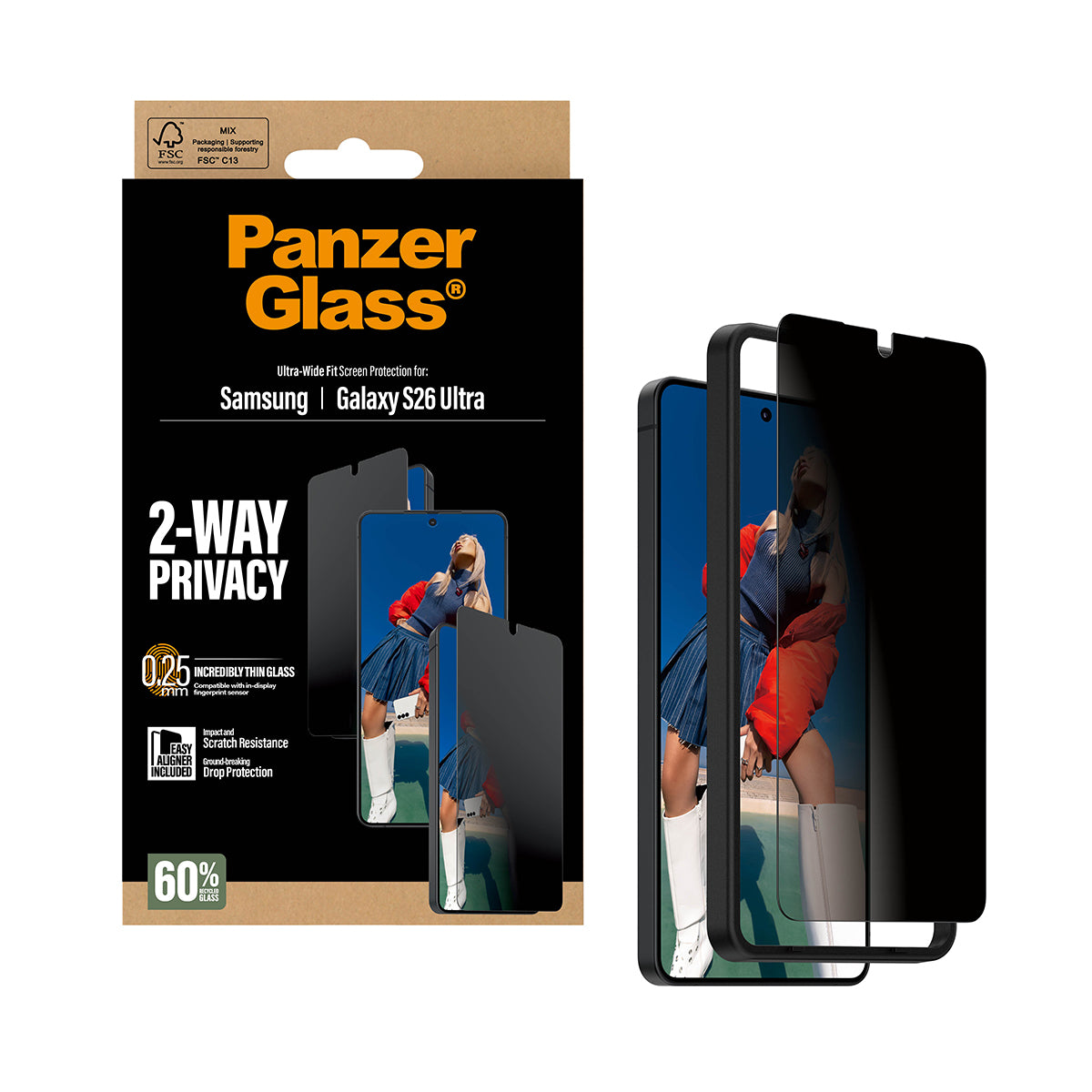PanzerGlass 2-Way Privacy Screen Protector Samsung Galaxy S26 Ultra | Ultra-Wide Fit w. EasyAligner