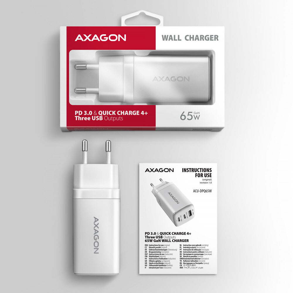 Axagon ACU-DPQ65W oplader til mobil enhed Mobiltelefon, Netbook, Laptop, Smartphone, SmartWatch, Tablet, Universel Hvid Vekselstrøm Hurtig opladning Indendørs