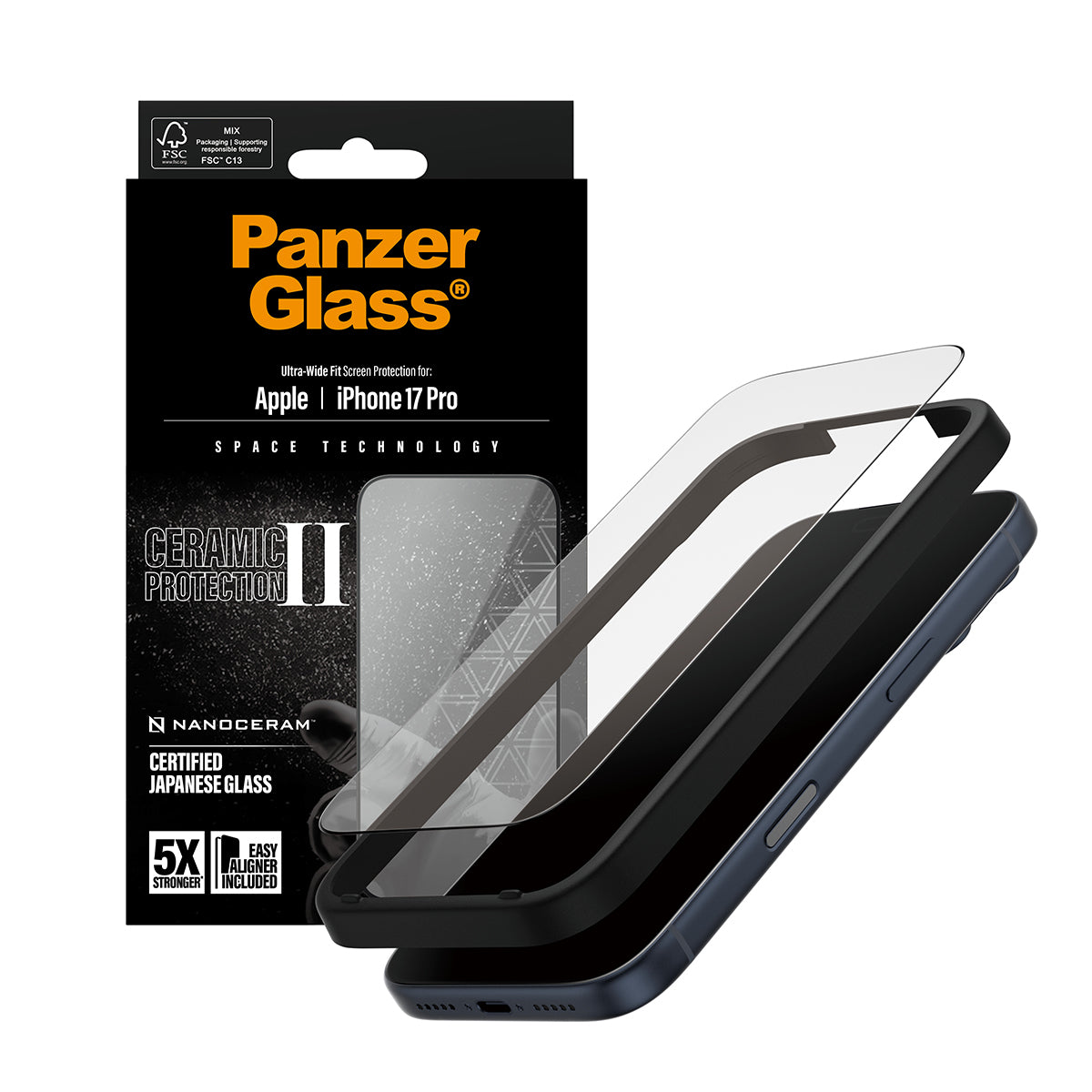 PanzerGlass ® Ceramic II Skærmbeskyttelse iPhone 17 Pro | Ultra-Wide Fit m. EasyAligner
