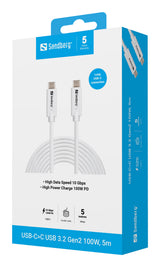 Sandberg 136-76 USB-kabel USB 3.2 Gen 2 (3.1 Gen 2) 5 m USB C 10 Gbit/sek. 100 W Hvid