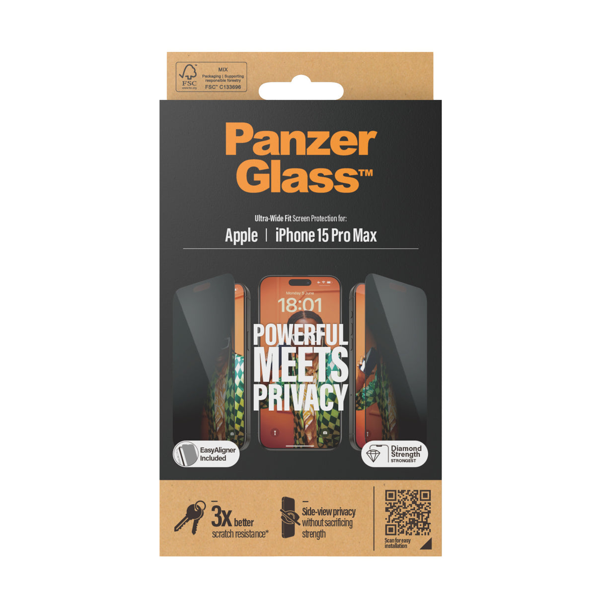 PanzerGlass ® Privacy Skærmbeskyttelse iPhone 15 Pro Max | Ultra-Wide Fit m. EasyAligner