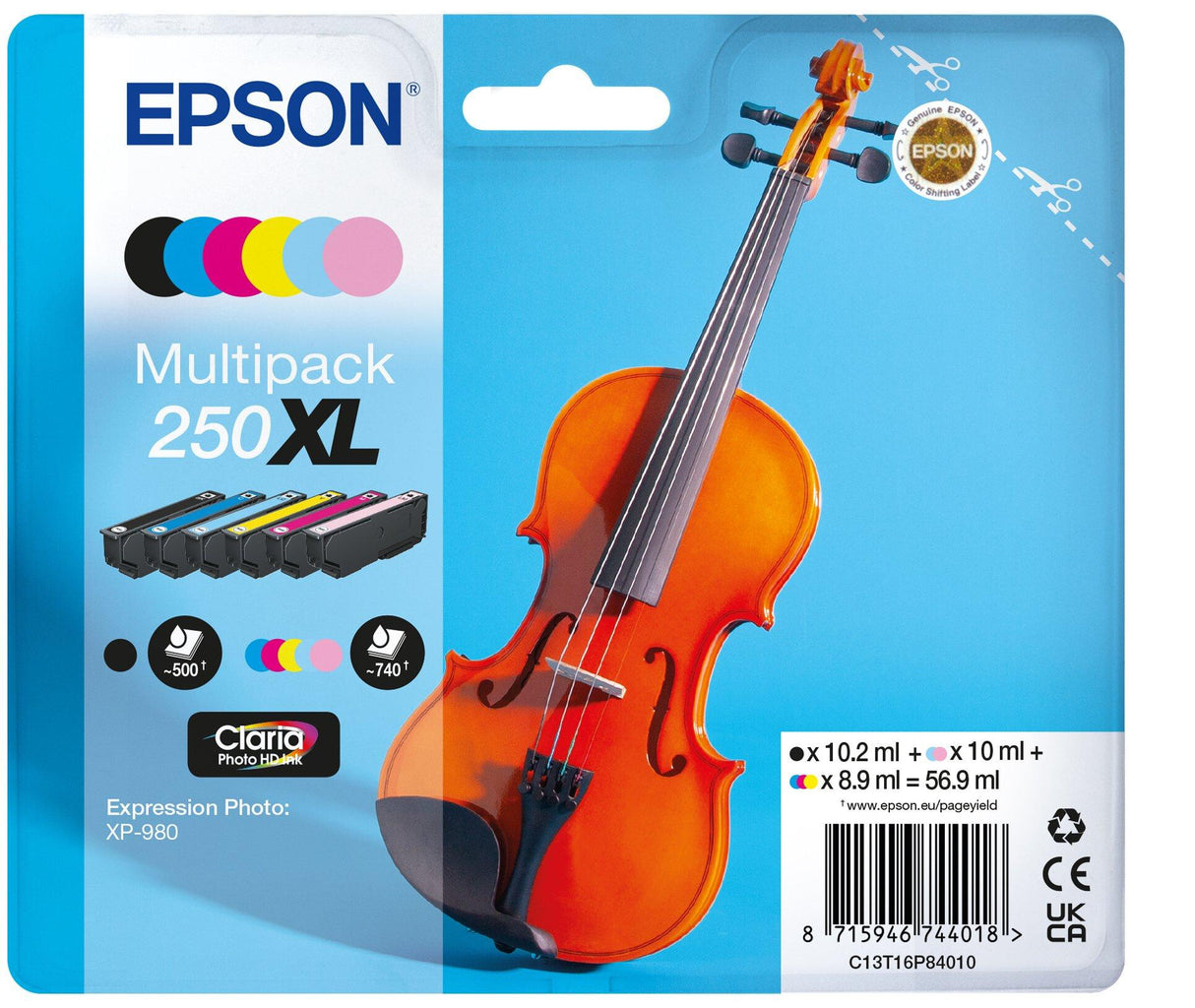 Epson 250XL Violin Claria Photo HD blækpatron 6 stk Original Højt (XL) udbytte Sort, Blå, Lys cyan, Lys magenta, Magenta, Gul