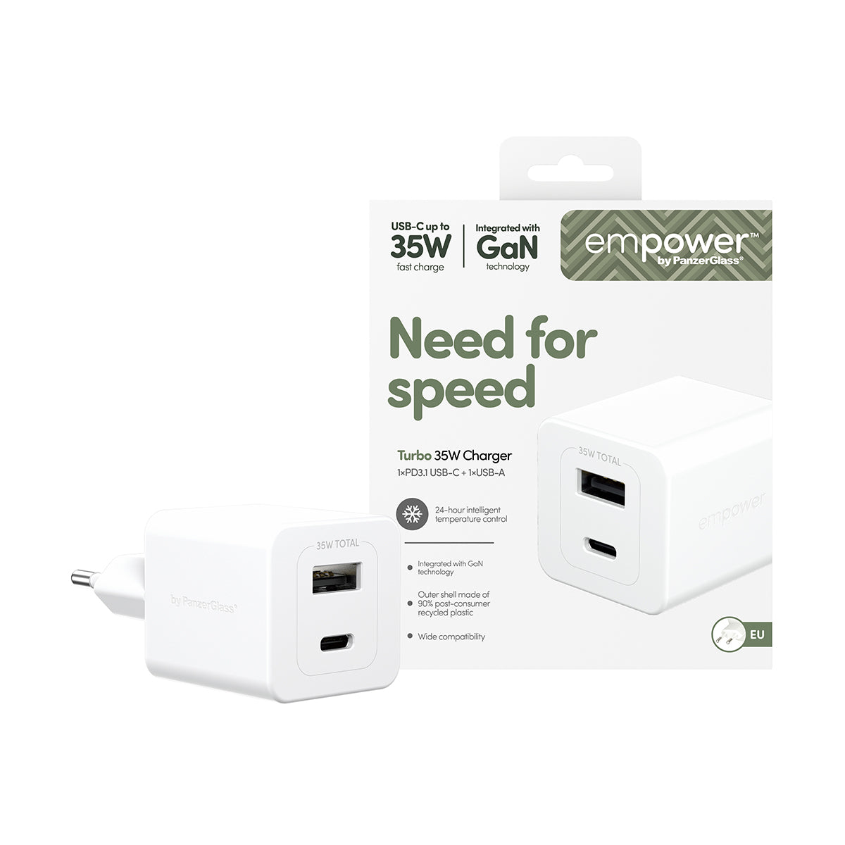 PanzerGlass empower by ® Turbo 35W Oplader inkl. USB-C + USB-A | EU Stik | Silver White
