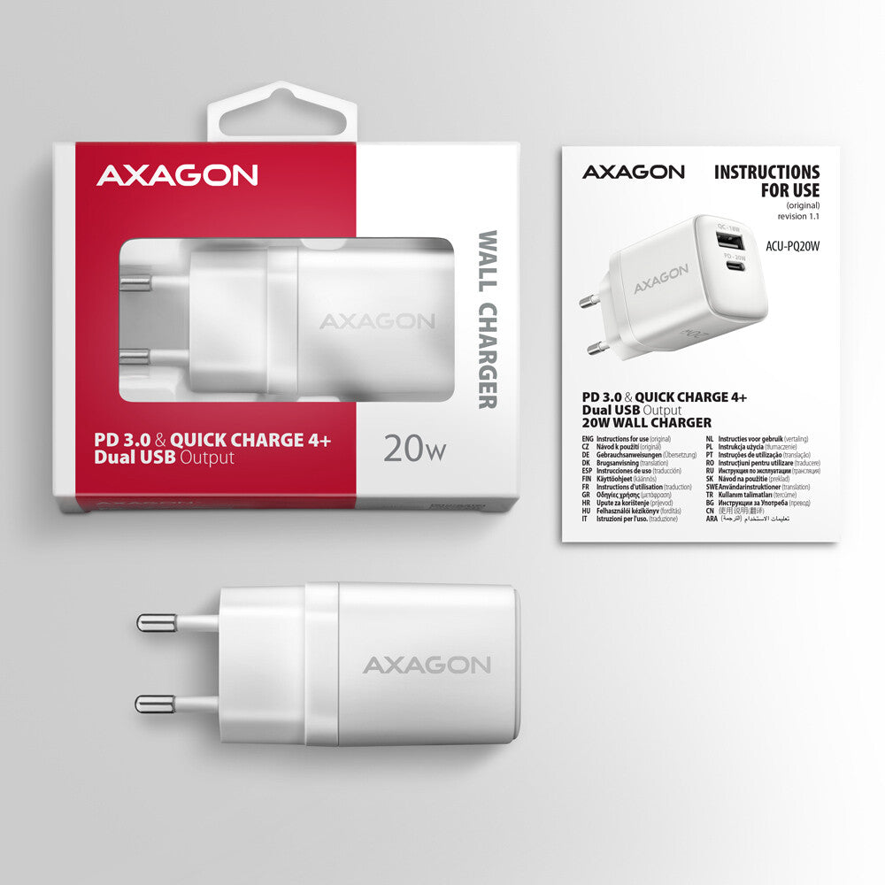 Axagon ACU-PQ20W oplader til mobil enhed Universel Hvid Vekselstrøm Hurtig opladning Indendørs