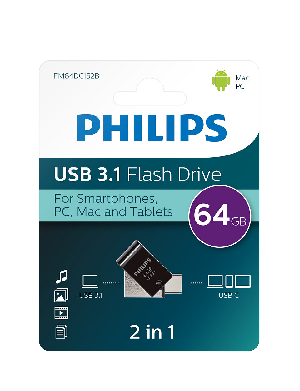 Philips FM64DC152B/00 USB-nøgle 64 GB USB Type-A 3.2 Gen 1 (3.1 Gen 1) Sort, Sølv