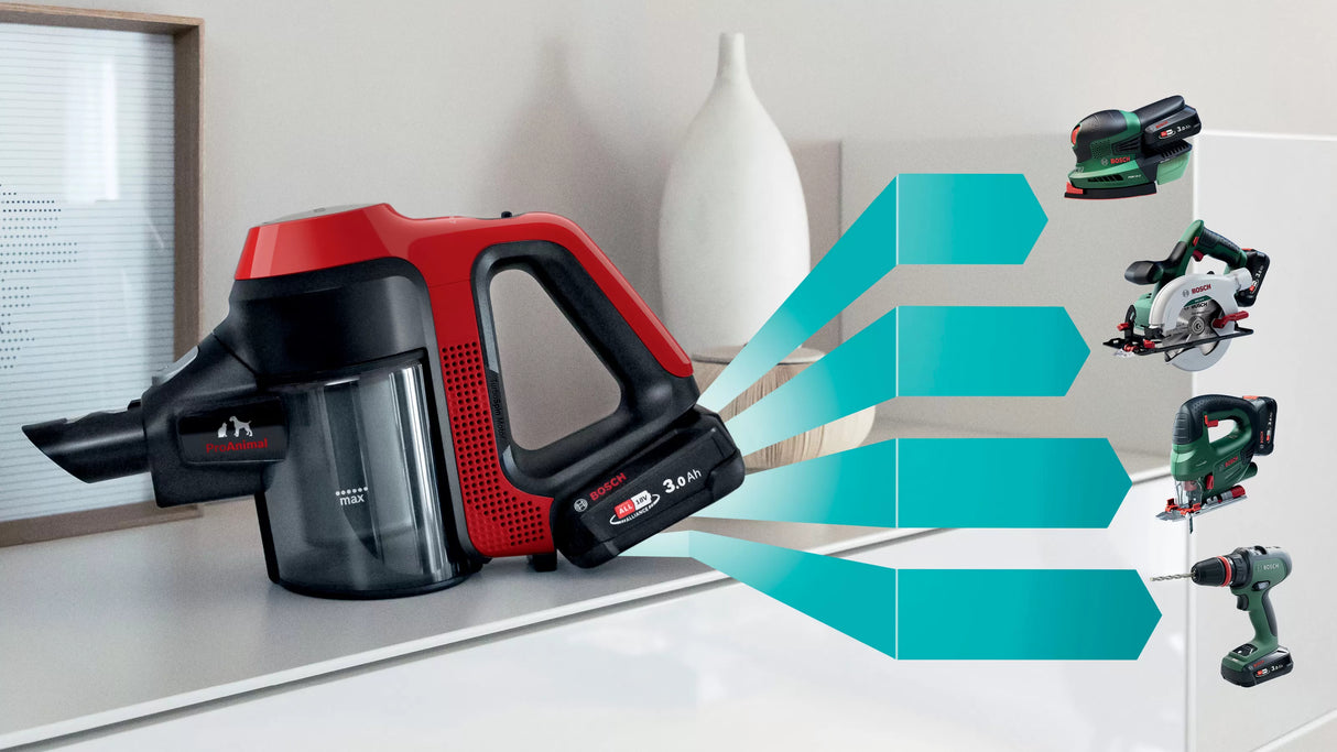 Bosch BCS711PET stav støvsuger & elektrisk kost Stick vakuum Batteri Dry Poseløs 0,3 L Sort, Rød 3 At