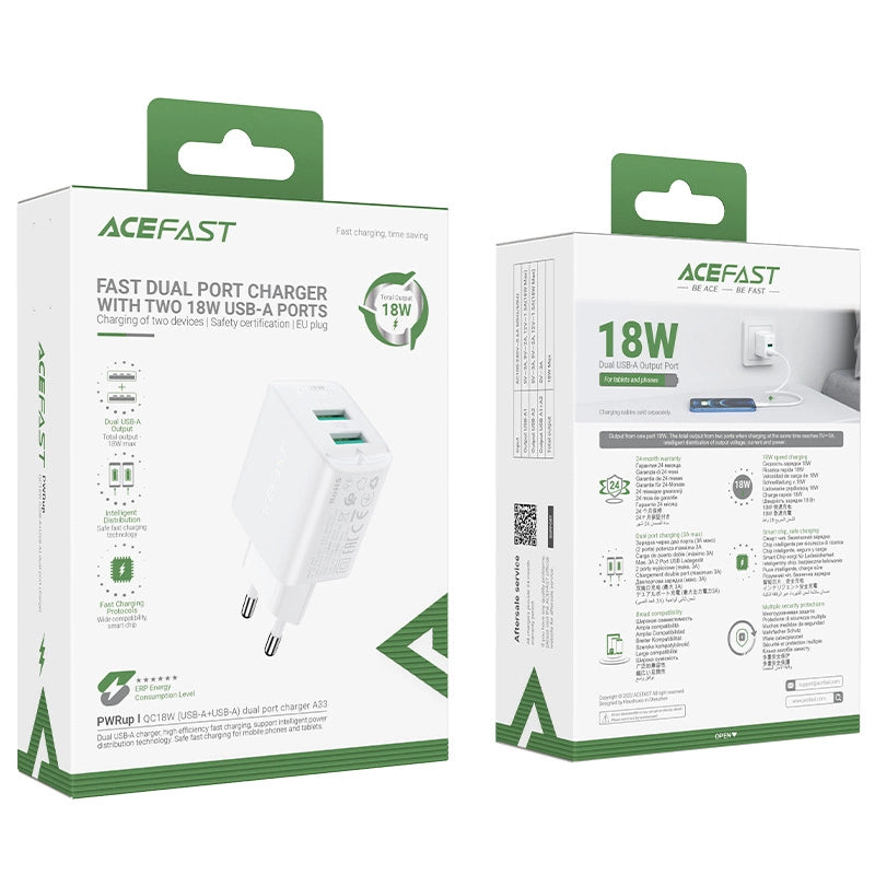 Acefast oplader 2x USB 18W QC 3.0, AFC, FCP hvid (A33 hvid)