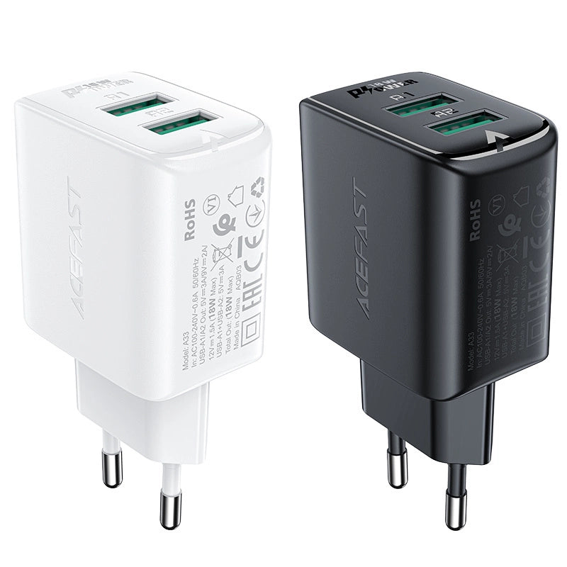 Acefast oplader 2x USB 18W QC 3.0, AFC, FCP hvid (A33 hvid)