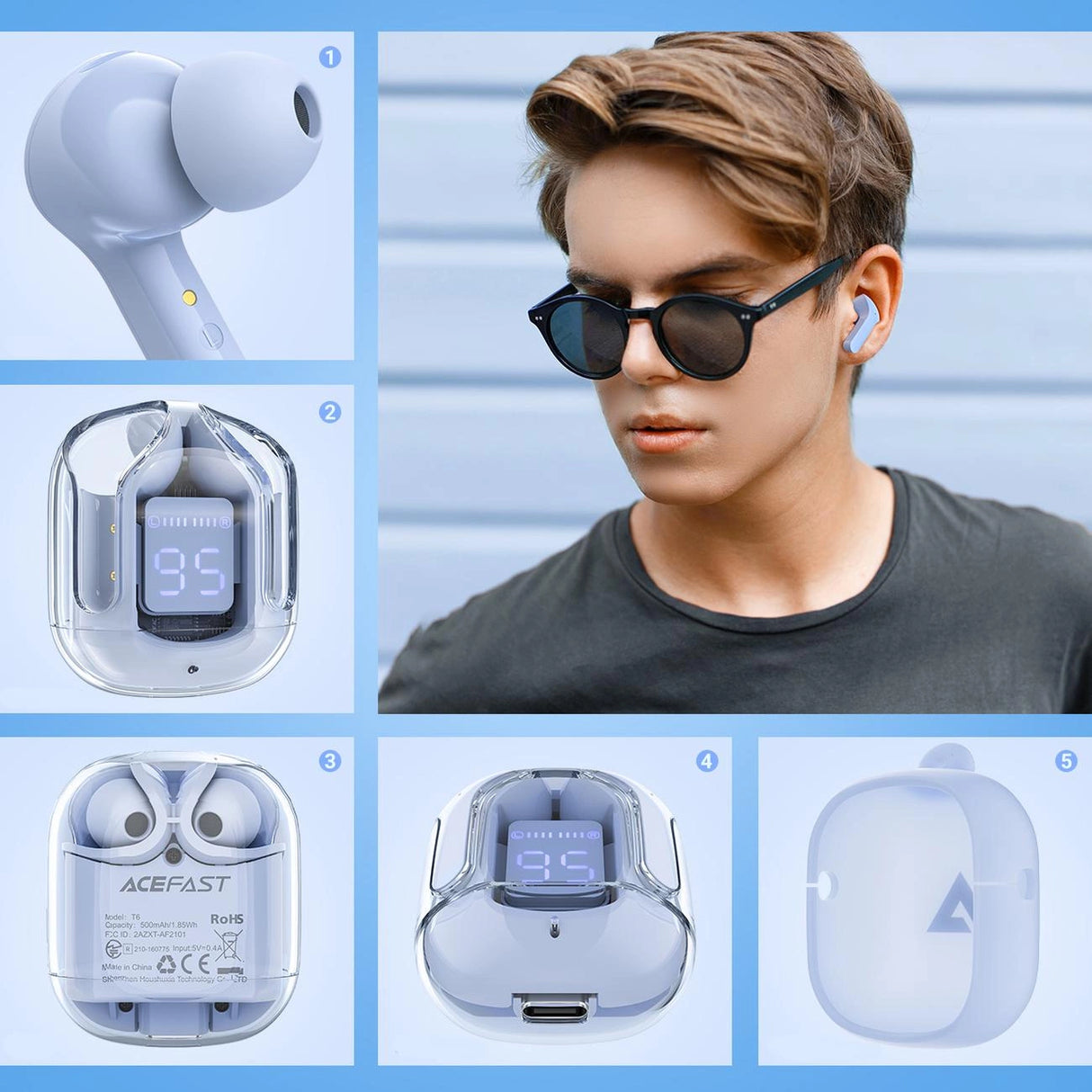 Acefast T6 TWS Bluetooth In-Ear trådløse hovedtelefoner - lysblå
