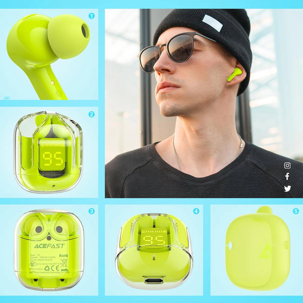 Acefast T6 TWS Bluetooth In-Ear trådløse hovedtelefoner - Grøn