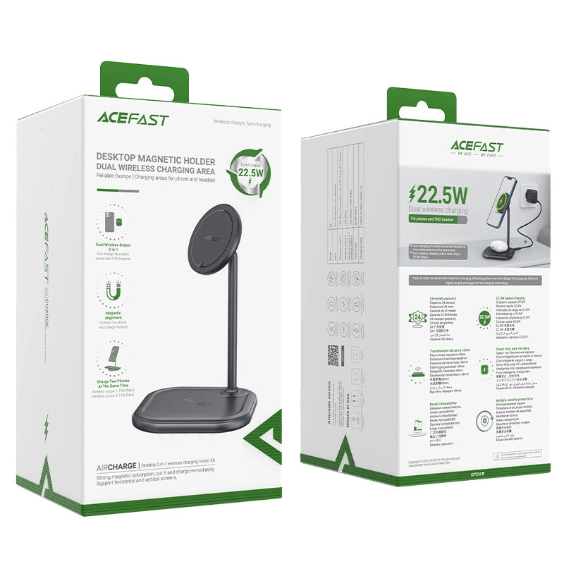 Acefast 15W Qi trådløs oplader til iPhone (med MagSafe) og Apple AirPods Standholder Magnetisk Holder Grå (E6 grå)