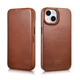 iCarer CE Oil Wax Premium Leather Folio Case iPhone 14 Plus magnetisk flip case MagSafe brun (AKI14220707-BN)