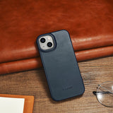 iCarer CE Oil Wax Premium Leather Folio Case iPhone 14 Plus magnetisk flip case MagSafe blå (AKI14220707-BU)