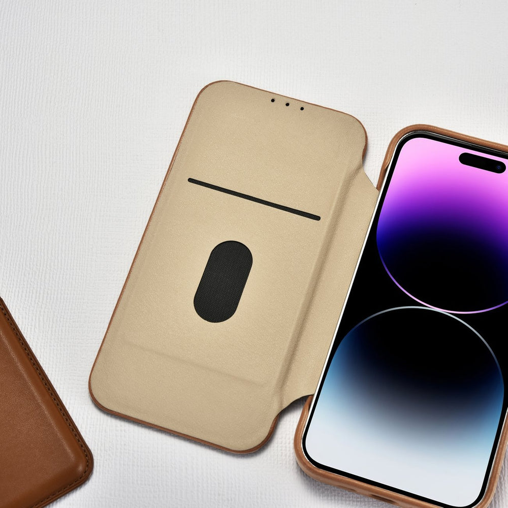 iCarer CE Premium læder Folio Case iPhone 14 Pro Magnetisk Flip læder Folio Case MagSafe brun (WMI14220714-BN)