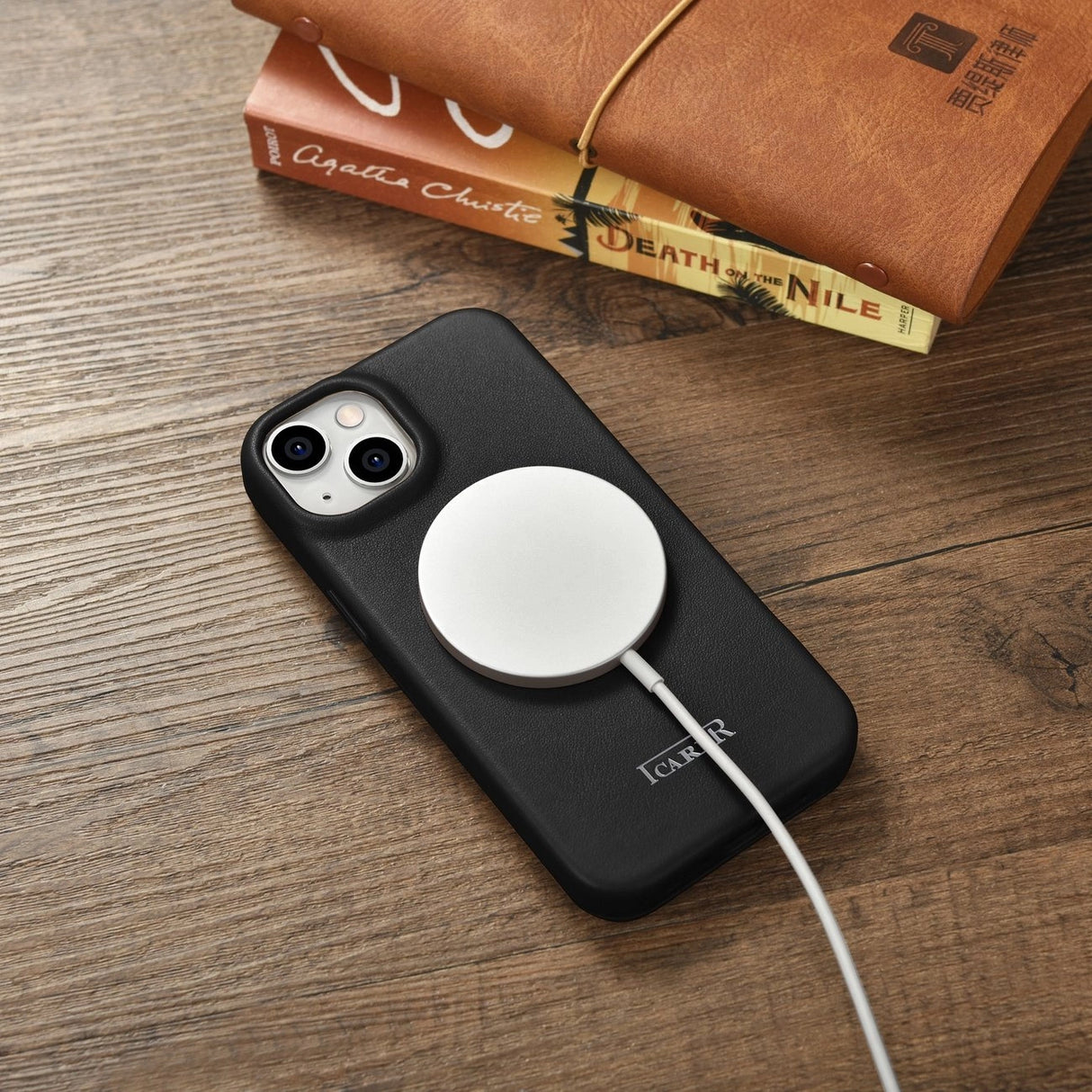 iCarer CE Premium læder Folio Case iPhone 14 Plus Magnetisk Flip læder Folio Case MagSafe sort (WMI14220715-BK)