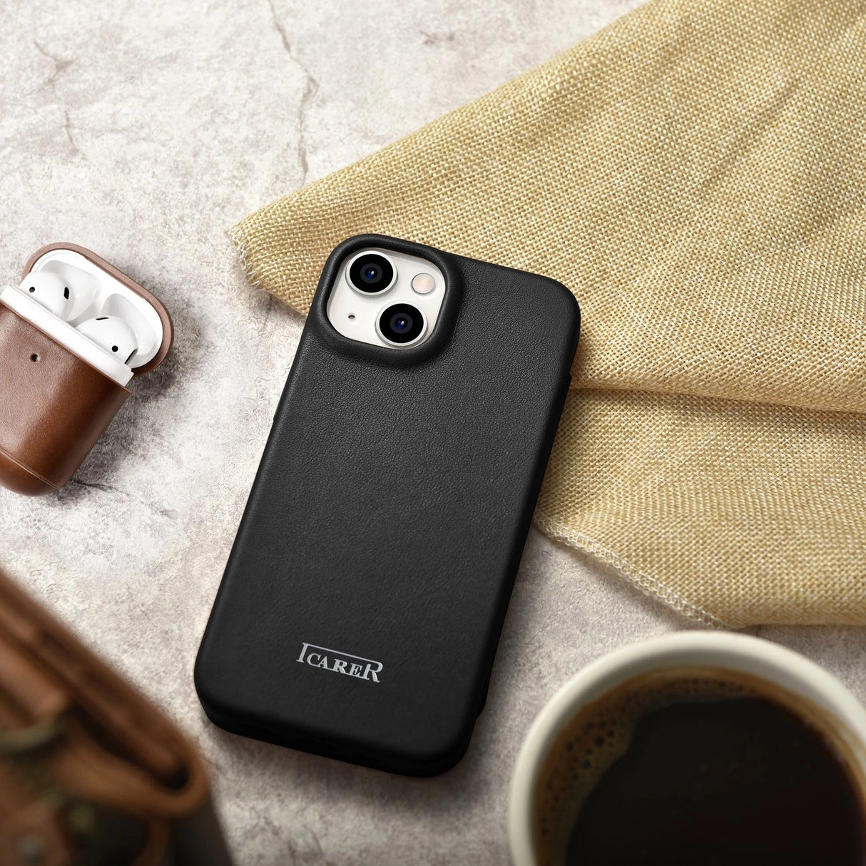 iCarer CE Premium læder Folio Case iPhone 14 Plus Magnetisk Flip læder Folio Case MagSafe sort (WMI14220715-BK)