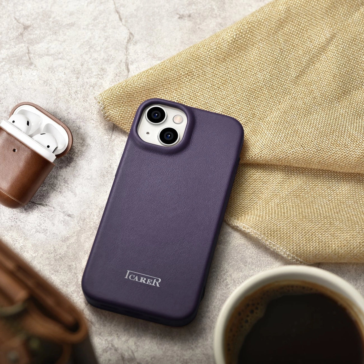 iCarer CE Premium læder Folio Case iPhone 14 Plus Magnetisk Flip læder Folio Case MagSafe mørk lilla (WMI14220715-DP)