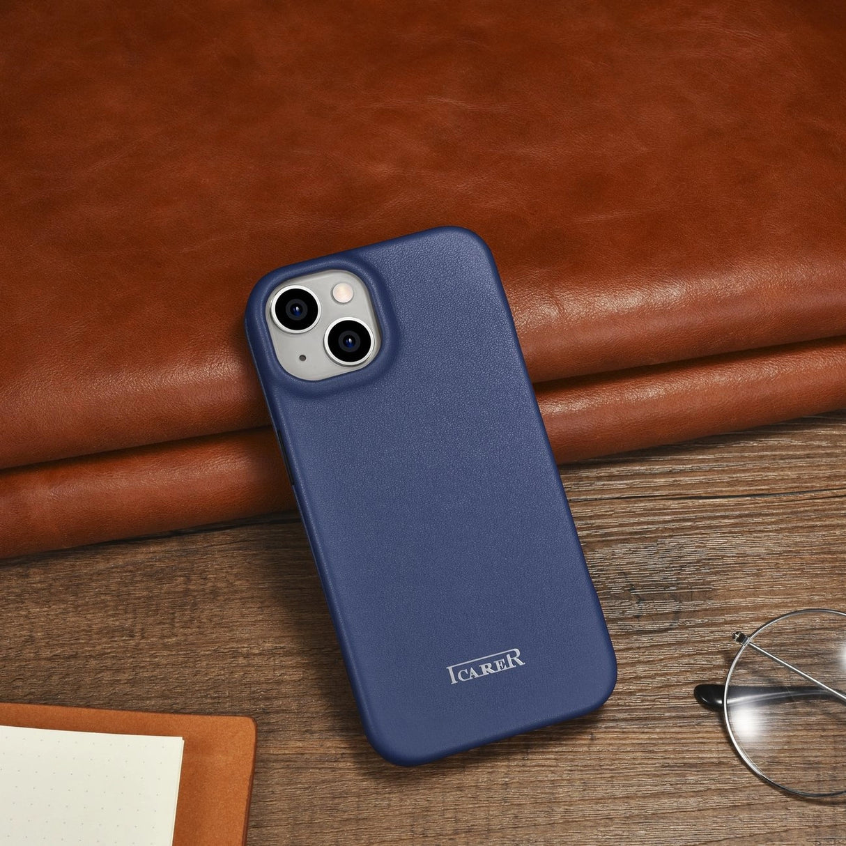 iCarer CE Premium læder Folio Case iPhone 14 Plus Magnetisk Flip læder Folio Case MagSafe Blue (WMI14220715-BU)