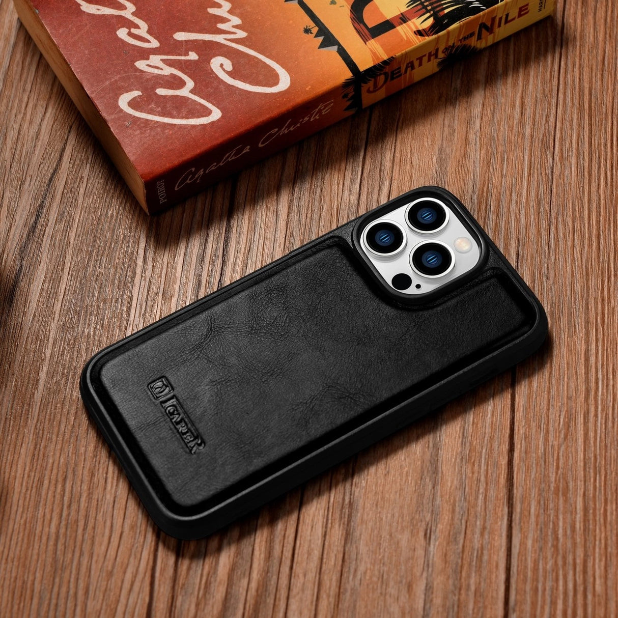 iCarer læder Oil Wax-foder for iPhone 14 Pro Max læderfoder sort (WMI14220720-BK)