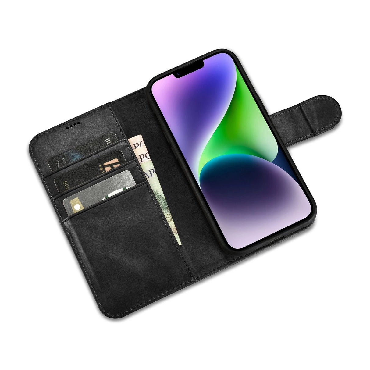 iCarer Oil Wax Wallet Case 2in1 Case iPhone 14 Læder Flip Cover Anti-RFID sort (WMI14220721-BK)