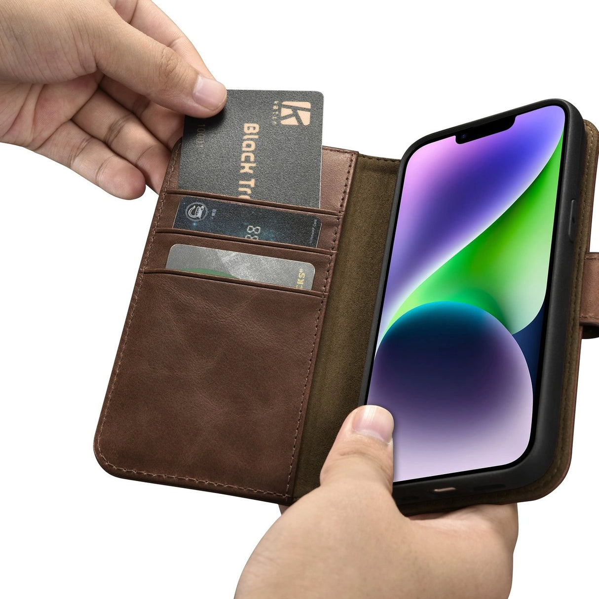 iCarer Oil Wax Wallet Case 2in1 iPhone 14 Leather Flip Cover Anti-RFID Brown (WMI14220721-BN)