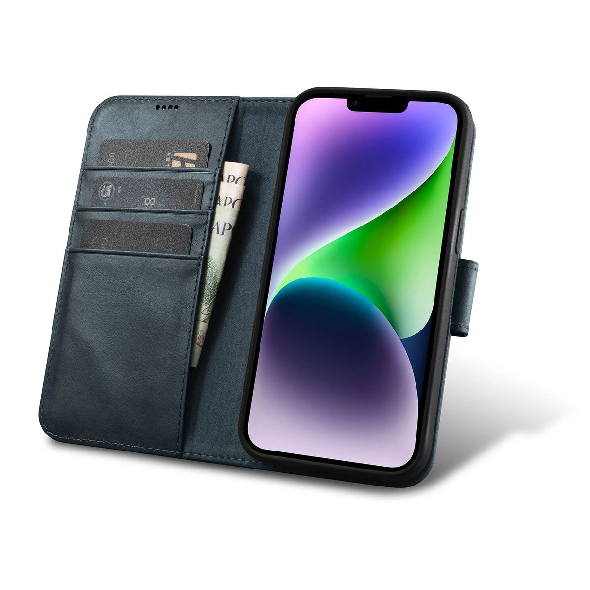 iCarer Oil Wax Wallet Case 2in1 Case iPhone 14 Anti-RFID Leather Flip Case Blue (WMI14220721-BU)