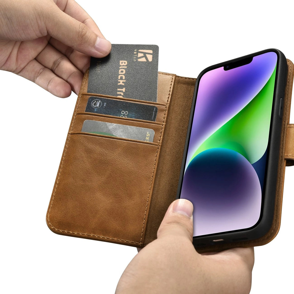 iCarer Oil Wax Wallet Case 2in1 iPhone 14 Leather Flip Cover Anti-RFID brun (WMI14220721-TN)