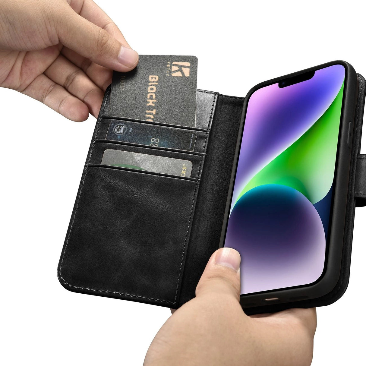 iCarer Oil Wax Wallet Case 2in1 Cover iPhone 14 Plus Anti-RFID Læder Flip Case sort (WMI14220723-BK)
