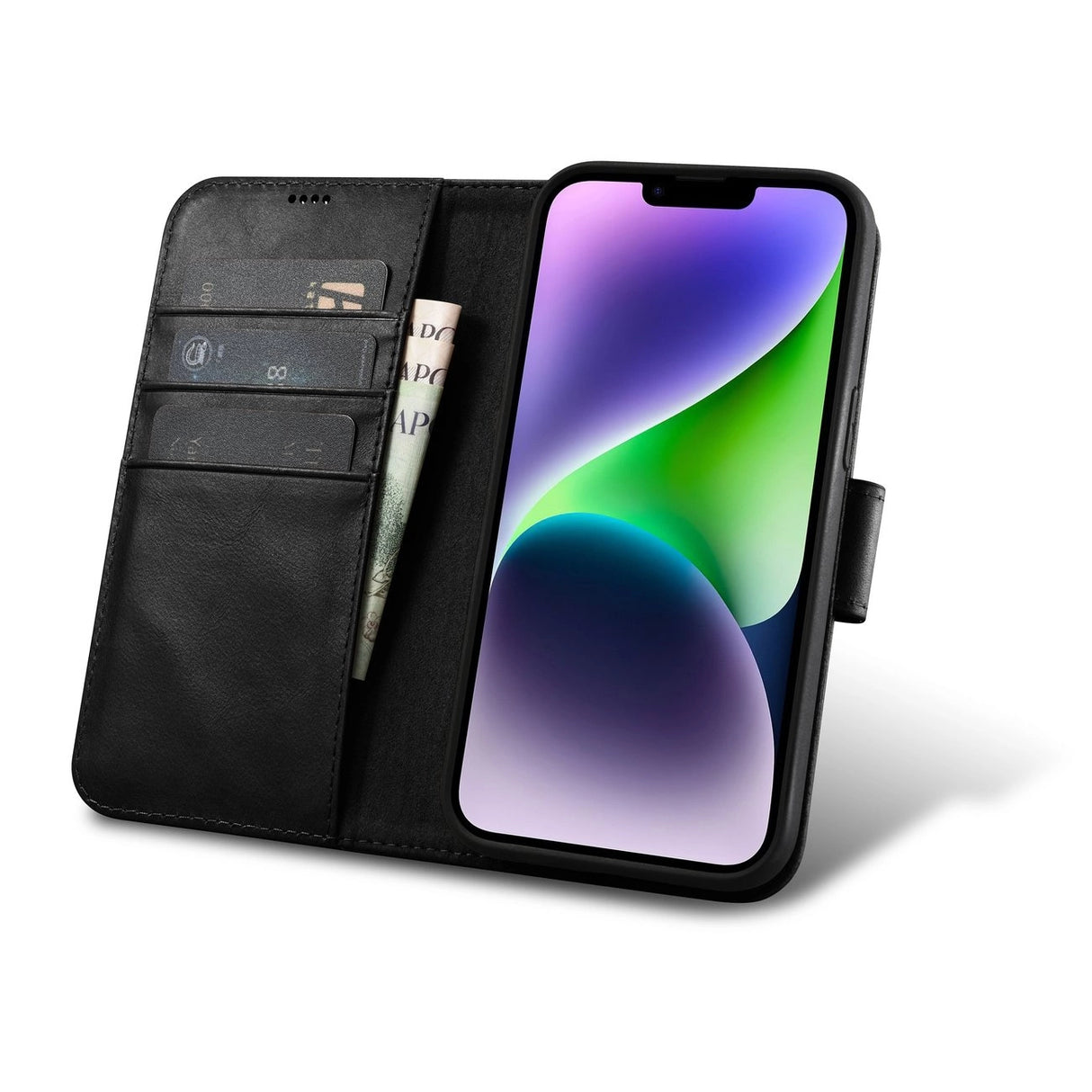iCarer Oil Wax Wallet Case 2in1 Cover iPhone 14 Plus Anti-RFID Læder Flip Case sort (WMI14220723-BK)