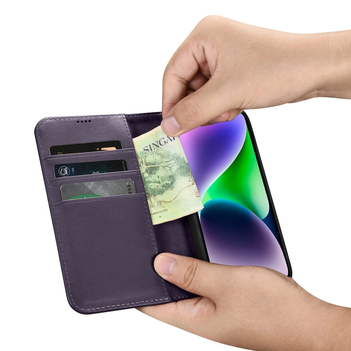iCarer Wallet Case 2in1 Cover iPhone 14 Plus Anti-RFID Læder Flip Case mørk lilla (WMI14220727-DP)