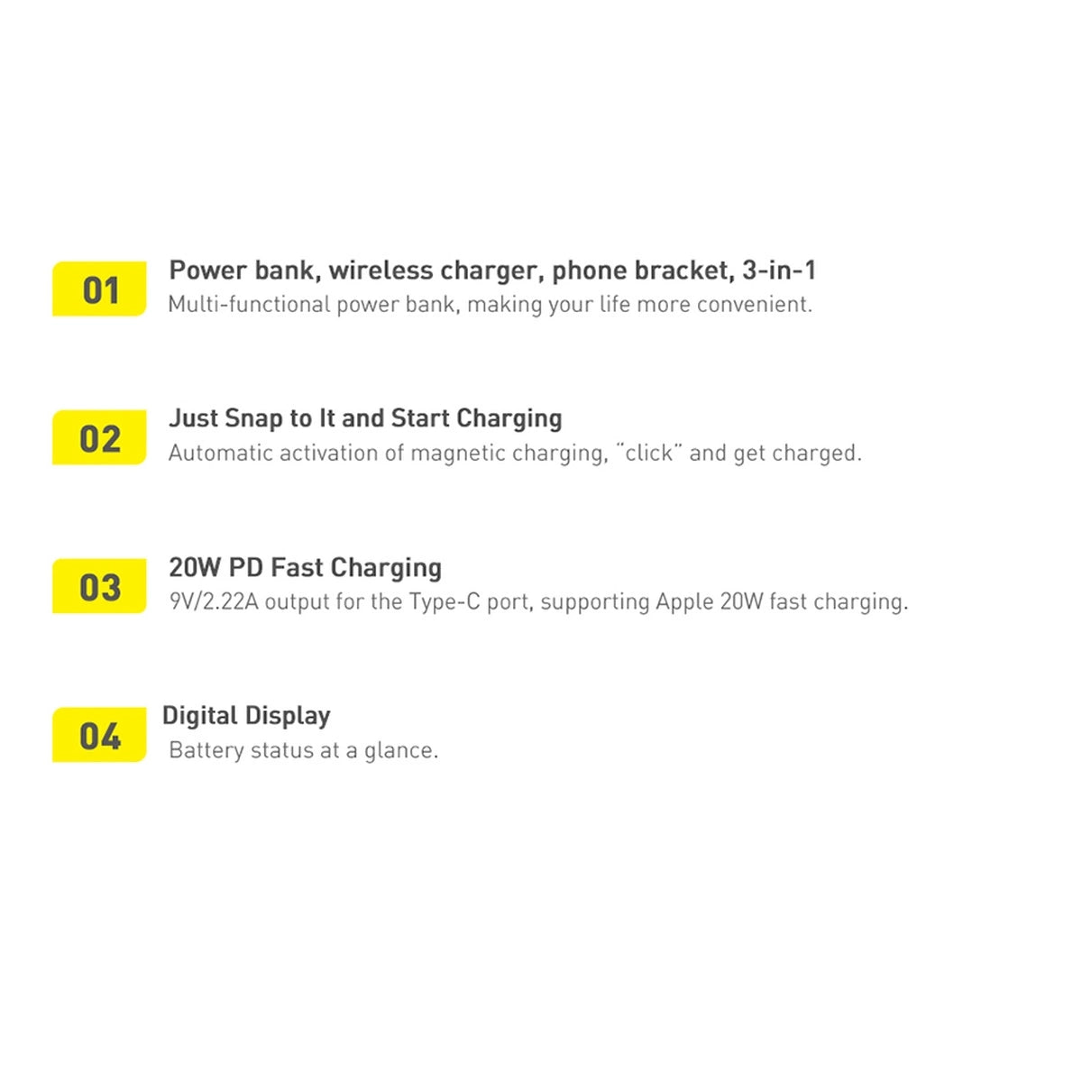 Baseus Magnetic Bracket powerbank med trådløs opladning MagSafe 10000mAh 20W Overseas Edition hvid (PPCX000202) + USB Type C kabel Baseus Xiaobai Series 60W 0,5m