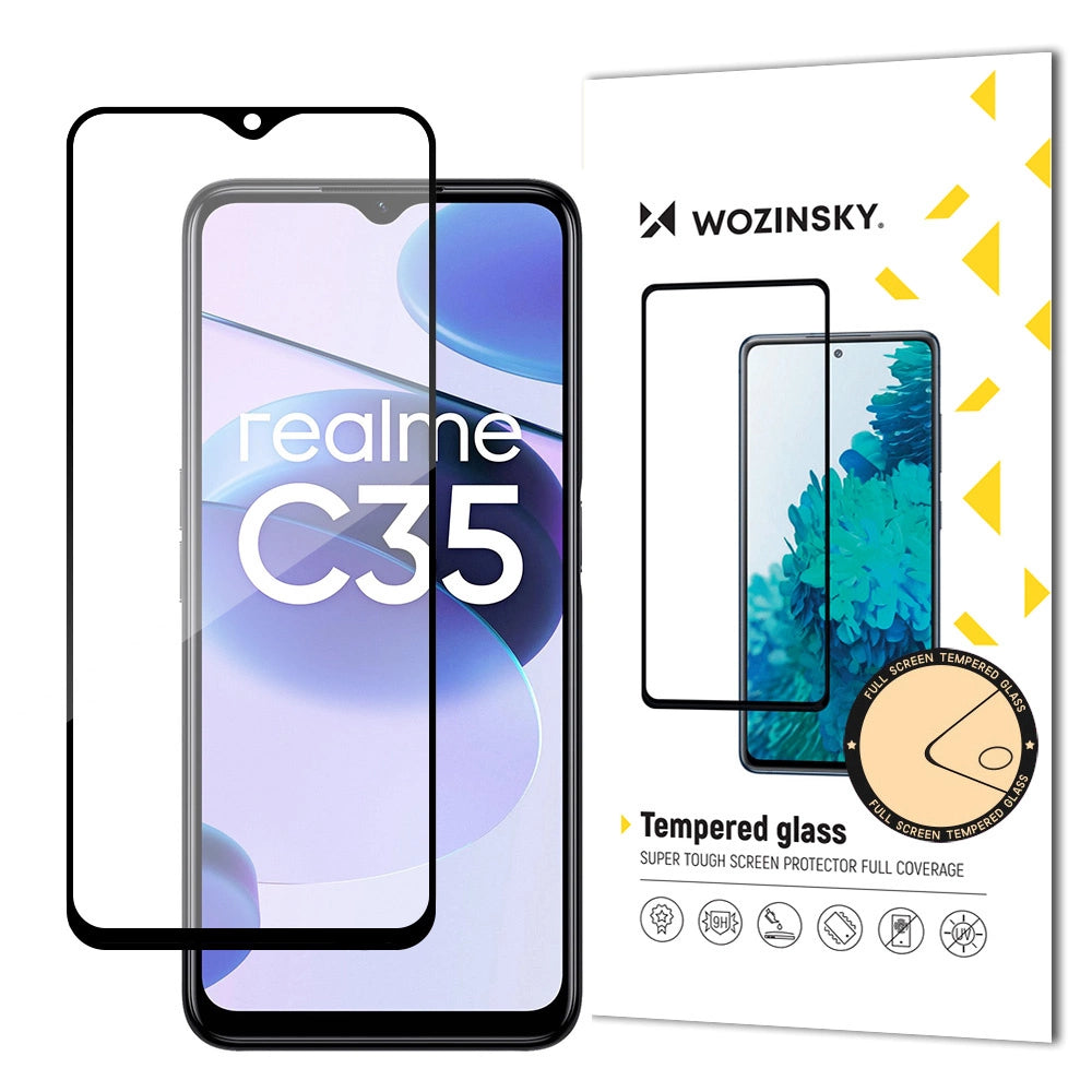 Wozinsky superhård Full Glue Full Glue Full Screen temperet glas med Case Friendly Realme C35 Black Frame