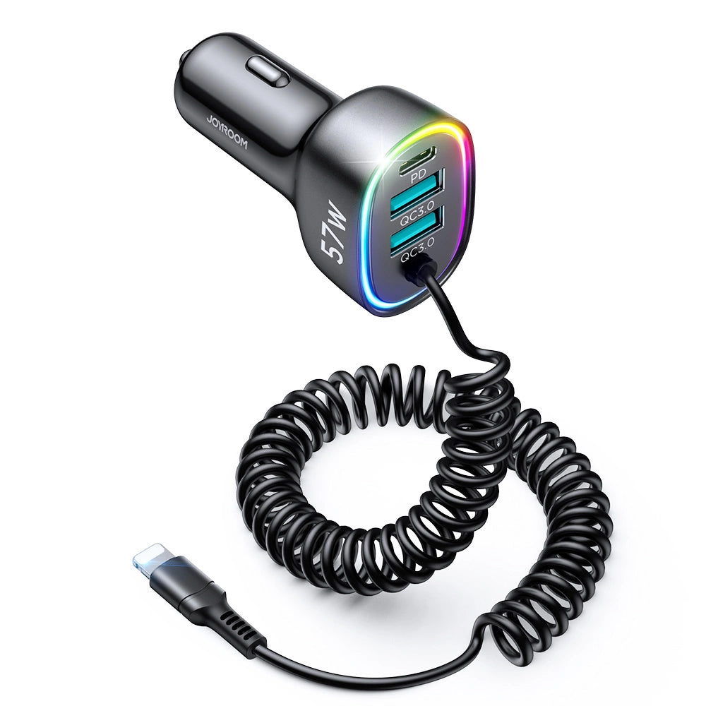 Joyroom hurtigbiloplader 4 i 1 PD, QC3.0, AFC, FCP med Lightning kabel 1,6m 57W sort (JR-CL20)
