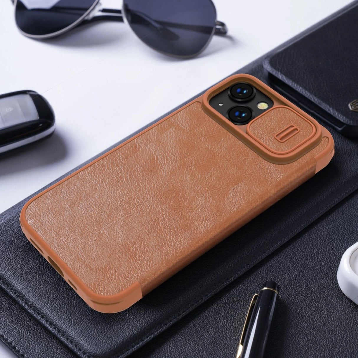 Nillkin Qin Leather Pro Case iPhone 14 Plus Camera Cover Holster Cover Flip Case Blue