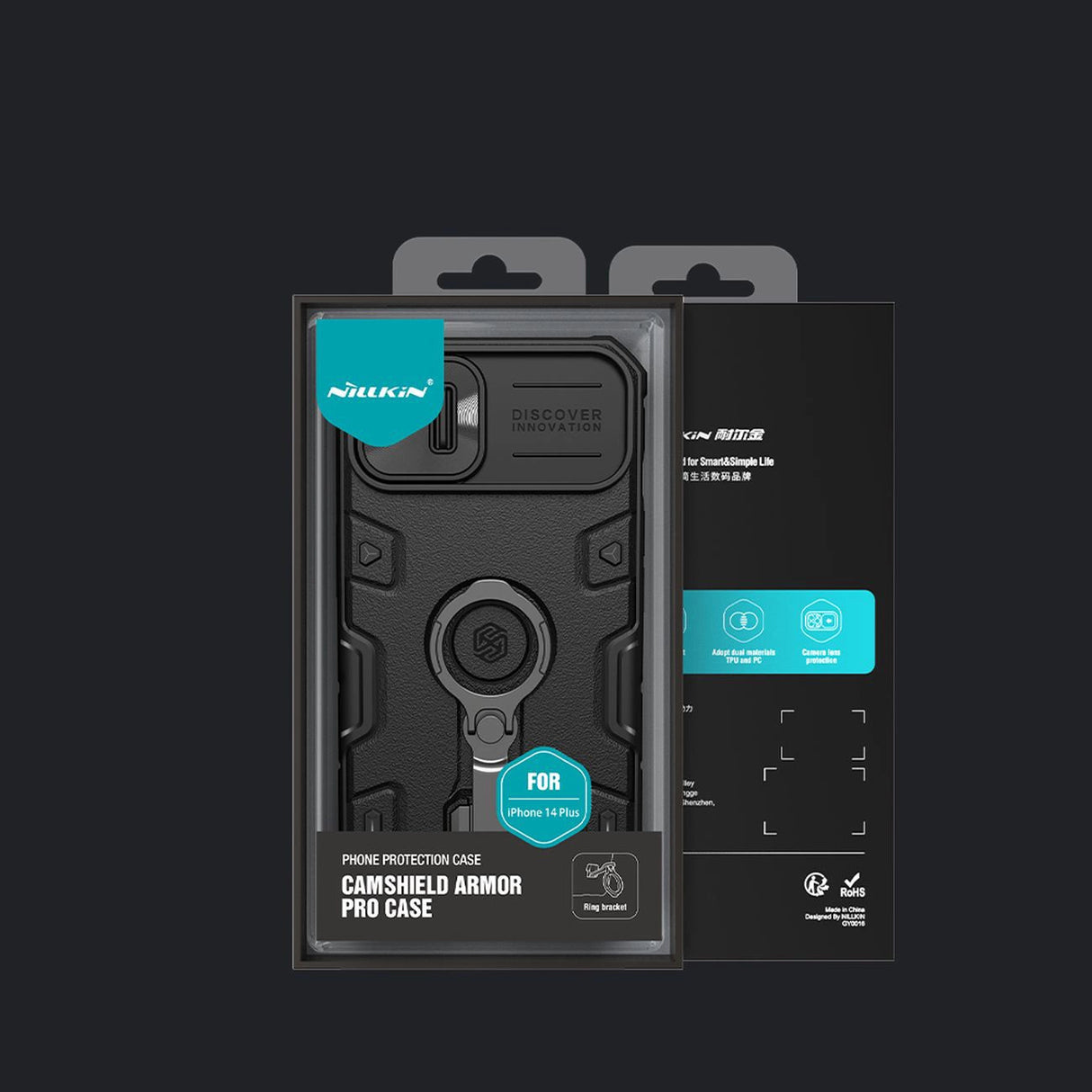 Nillkin CamShield Armor Pro Case iPhone 14 Plus pansret cover med kamera cover ring stativ blå