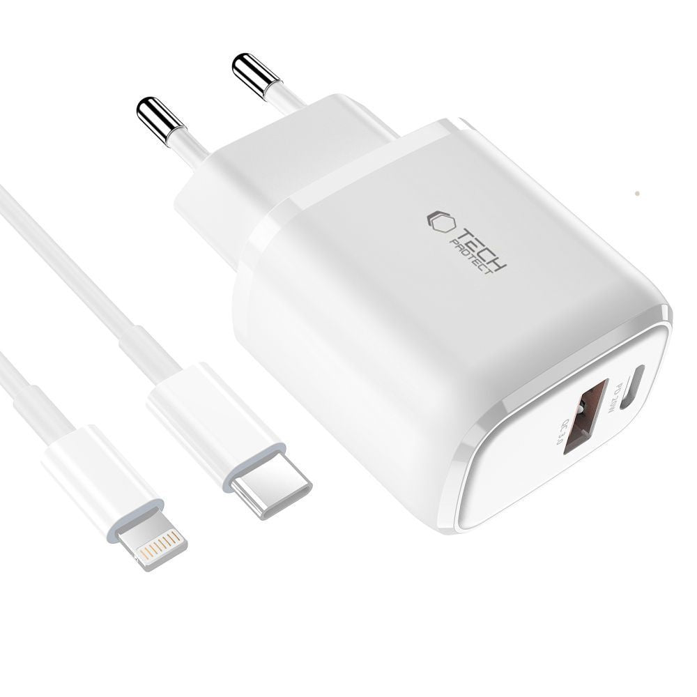 Tech Protect C20 W 2 Port Netværksopladder Pd 20 W / Qc3.0 + Lightning Kabel Hvid