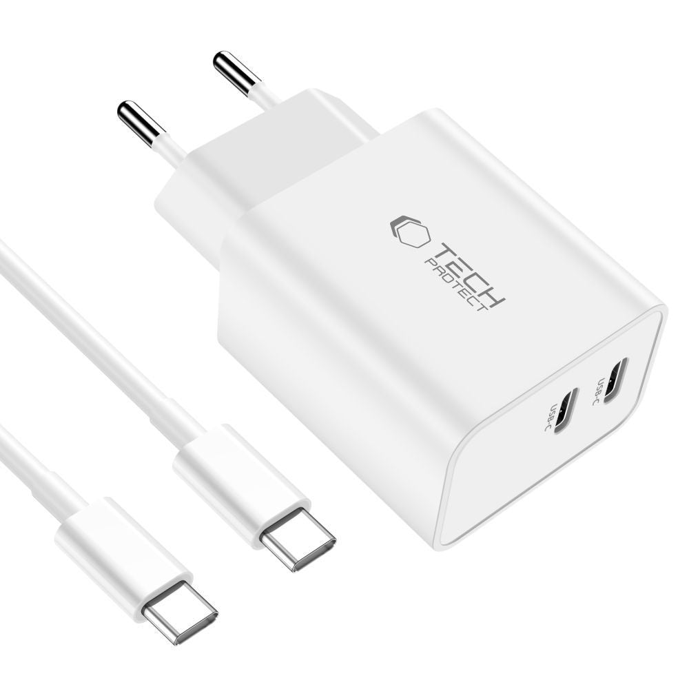 Tech Protect C35 W 2 Port Netværksopladder Pd 35 W + Type C Kabel Hvid
