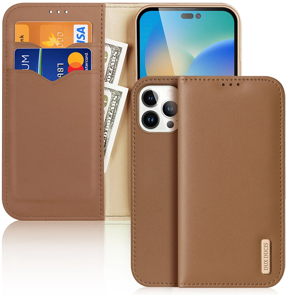 Dux Ducis Hivo Læder Flip Cover Ægte læder Wallet til kort og dokumenter iPhone 14 Pro Max Brown