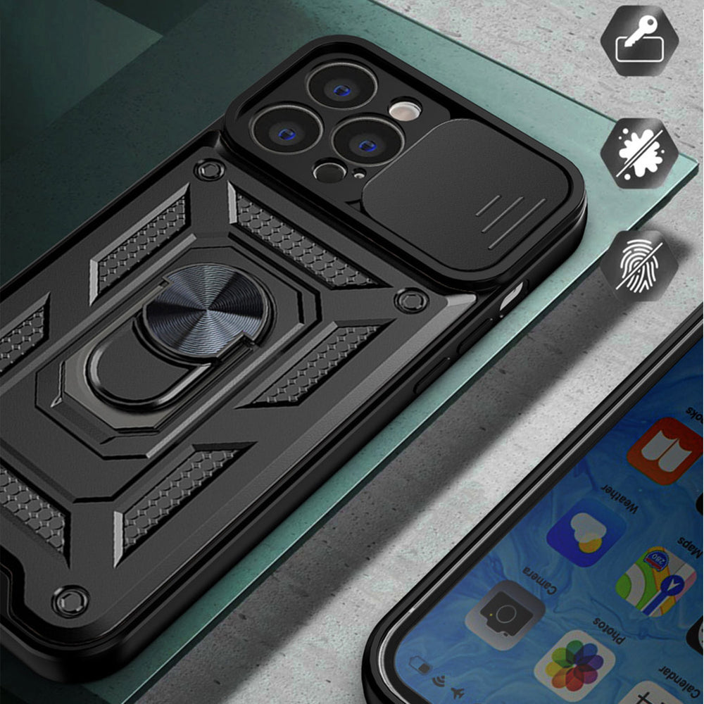 Hybrid Armor Camshield-hylster til iPhone 14 Plus-panserhylster med kameraomslag sort