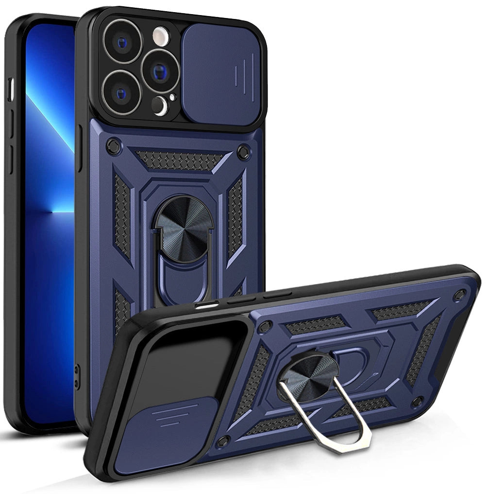 Hybrid Armor Camshield-hylster til iPhone 13 Pro pansret sag med kamera dæk blå