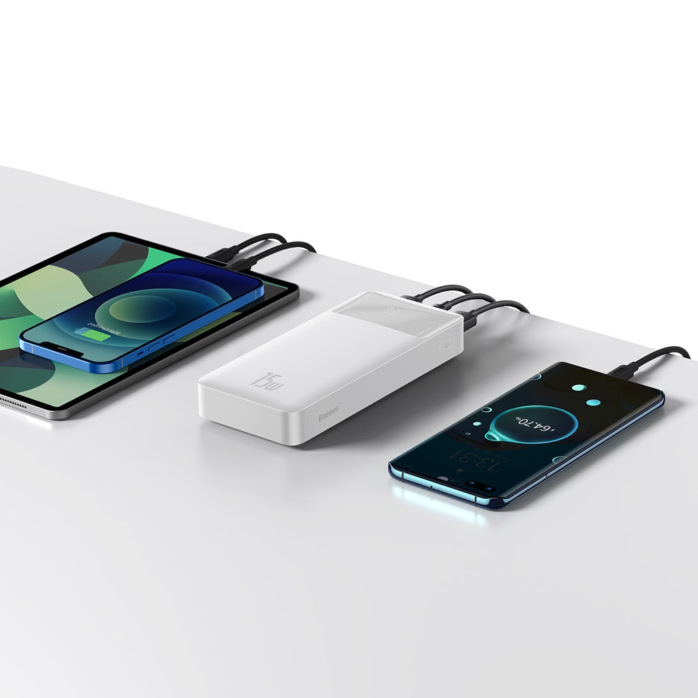Baseus Bipow hurtig opladning strømbank 20000mAh 15W hvid (Overseas Edition) + USB-A - Micro USB-kabel 0,25m hvid (PPBD050102)