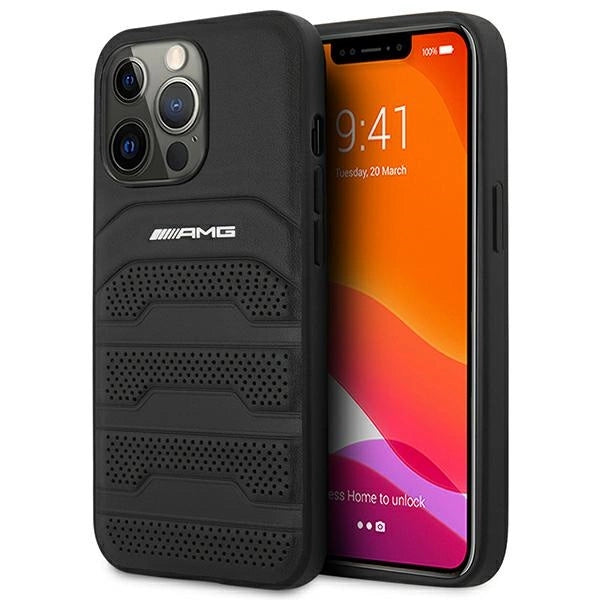 AMG AMHCP14LGSEBK iPhone 14 Pro 6.1 " sort / sort hårdkasse Læder Debossed Lines
