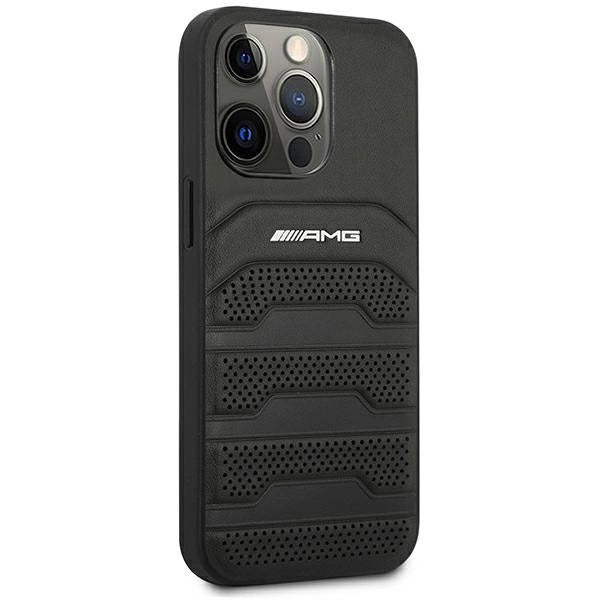 AMG AMHCP14LGSEBK iPhone 14 Pro 6.1 " sort / sort hårdkasse Læder Debossed Lines